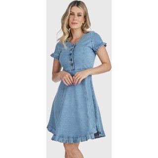 Vestido HNO Jeans Midi Manga Curta Babados na Barra e Manga Azul