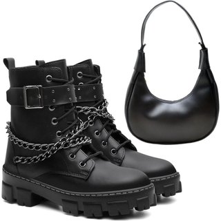 Kit Bota Feminina Coturno Anna Andrade Tratorado Casual Cano Baixo Corrente Tendência e Bolsa Preto