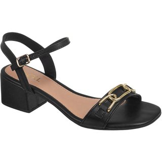 Sandália Feminina GiGiL Salto Bloco Detalhe Corrente Abs Metalizado Bico Quadrado Elegante Preto