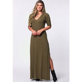 Vestido Longo Fenda Lateral B’Bonnie Tiana Verde Militar