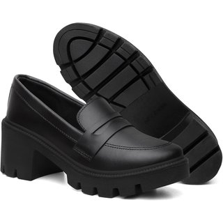 Mocassim Salto Médio Solado Borracha Confort Sapato Boneca Preto