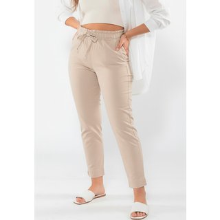 Calça Sarja Feminina Cintura Alta com Elastano e Amarração Conforto e Estilo Casual Bege