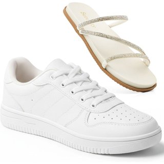 Papete Feminina Sandália Kit Com Tênis Sneakers Feminino Branco Cano Baixo Versátil
