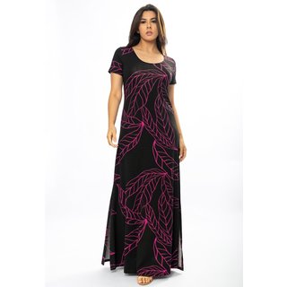 Vestido Longo Cabanafree Malha Gola Canoa Manga Curta Estampa Antúrios Lilás