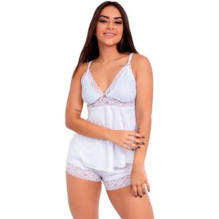 Pijama Short Doll Baby Doll IMI Lingerie Microfibra E Renda Hope Branco