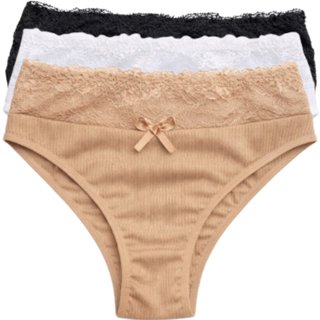 Kit 3 Calcinha Canelada Confortável Feminina Cós Alto Lingerie Básica Cintura Alta Renda Calsinha
