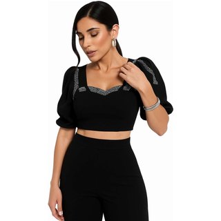 Conjunto Calça Pantalona e Cropped Manga Bufante em Preto