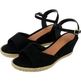 Sandalia Feminina Anabela Donatella Shoes Plataforma Corda Camurça Aberta na Frente Preto
