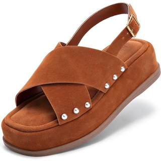 Sandália Feminina Lumiss Flatform Camurça Rebite Confortável Caramelo
