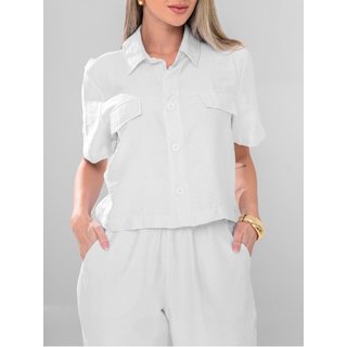 Conjunto Feminino Camisa Cropeed e Calça Skinny Com Elástico Branco