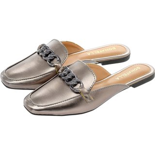 Sapato Mule Femino Donatella Shoes Bico Quarado Corrente Colorido Metalizado Prata Velho