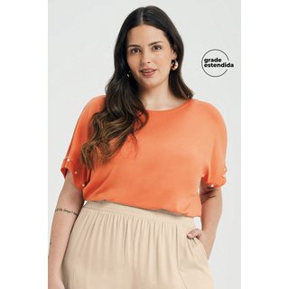 Blusa Feminina Manga Curta Com Pérolas Marialícia Laranja