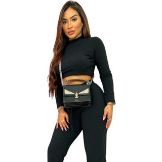 Cropped Canelado Manga Longa Gola Alta
