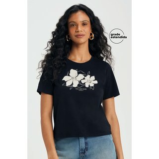 T-Shirt Feminina Floral Regular Marialícia Preto