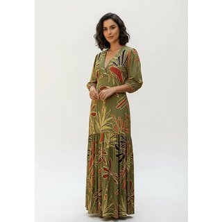 Vestido CabanaFree Longo Selva Nobre Manga 3/4 Estampa Folhas da Terra