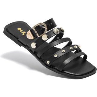 Rasteira Feminina Olzzy com Tiras e Fivela Dourada Enfeites em Metal Leve Confortável Casual Preto