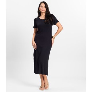 Vestido Midi Ribana Canelada Básico Rovitex Preto