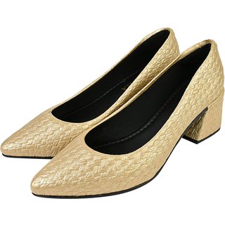 Sapato Scarpin Feminino Donatella Shoes Bico Fino Napa Corda Social Salto Bloco Quadrado Ouro Light