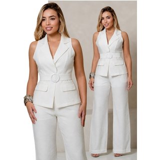 Conjunto Feminino Alfaiataria Colete Com Faixa e Calça - Branco