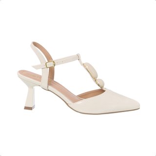 Scarpin Feminino Stessy Slingback Salto Baixo Taça Pedrarias Elegante Off White