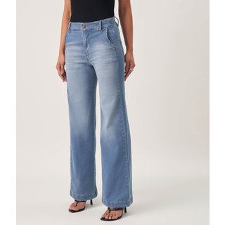 Calça Jeans Confort Wide Leg Cintura Alta Elástico Cós Azul Claro