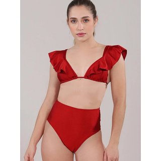 Biquini Top Alça com Babado e Calcinha Hot Pants Cintura Alta Proteção UV 50 Blogueira 136 VRM
