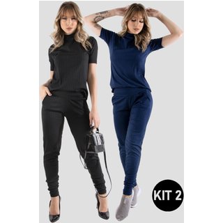 Kit 2 Conjuntos Canelado Manga Curta 4 Estações Blusa Canelada Calça Jogger Cintura Alta Liso Preto/Azul Marinho