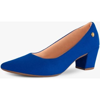 Scarpin Feminino Takata Salto Baixo Bloco Grosso Bico Fino Camurça Azul