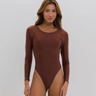 Body Maiô Luxo Manga Longa Modelador Com Bojo Cavado Marrom
