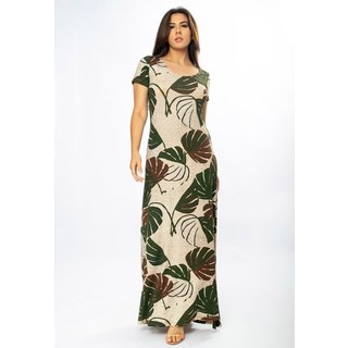 Vestido Longo Amazônia Vital Malha Gola Canoa Manga Curta Estampa Folhagem Verde e Marrom