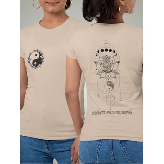 Camiseta Básica Feminina GuGi Flor De Lótus Yin Yang Nas Costas E Frente Caqui