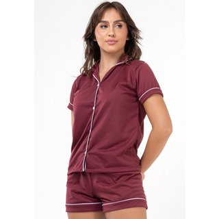 Pijama Feminino Gola Curto Botão Amamentação Pós Cirúrgico 041 Vinho