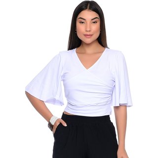 Cropped Manga Flare 3/4 Decote V B'Bonnie Fiore Branco