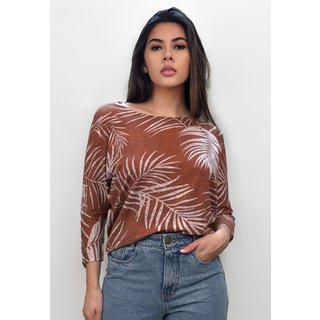 Blusa Morcego Cabanafree Ampla Manga 3/4 Estampa Palmas Terra