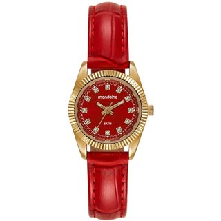 Relógio Feminino Caixa Pequena Couro Dourado e Vermelho Mondaine