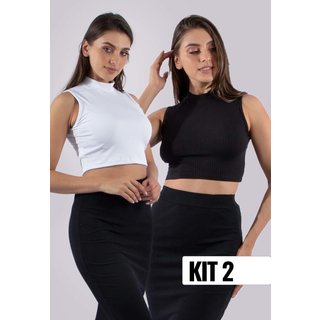 Kit 2 Blusas Cropped Gola Alta Diluxo Ribana Preto e Branco