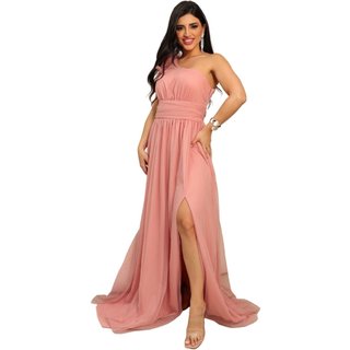 Vestido Longo de Festa Madrinhas Micro Tule com Detalhe no Ombro Gifiany Rosê