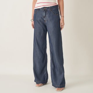 Calça Jeans Leve Tencel Pantalona Wide Azul Escuro