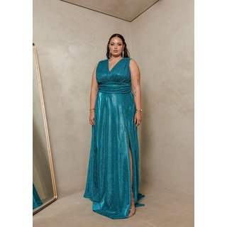 Vestido Longo de Festa Plus Size Decote em V Com Brillho com Fenda Amynalia Azul Turquesa