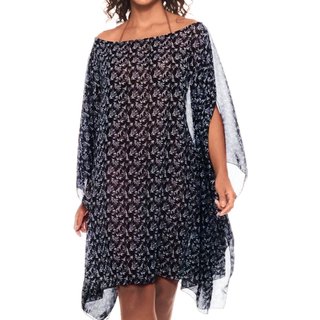 Saída Vestido Kaftan Curto Crepe Semitransparente Floral Preto Branco