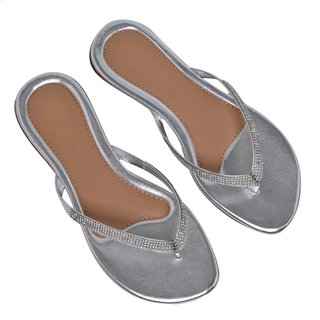 Chinelo Feminino Salto Baixo Rasteirinha Prata Com Strass Carmelo Shoes Casual Dia a Dia Praia