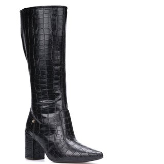 Bota Feminina Domidona Cano Alto Longo Animal Print Salto Alto Grosso Preto