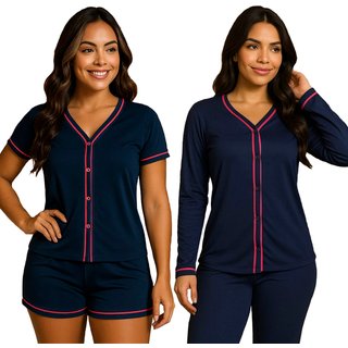 Kit 2 Pijamas Gabi Lingerie Estilo Blogueira Manga Curta e Manga Comprida Modelagem Perfeita Elegante Moda Feminina Marinho