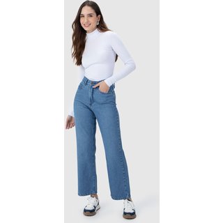 Calça Straight Cropped Feminina Cintura Alta Em Jeans 100% Algodão