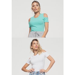 Kit 2 Blusas Salvatore Ombro Vazado Malha Canelada Branca e Verde Claro