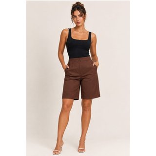 Bermuda de Alfaiataria SKR MODA Feminina Cintura Alta Elegante Casual Marrom