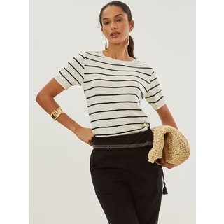 Blusa Maria Valentina Ajustada Decote Careca Manga Curta Padrão Off-white