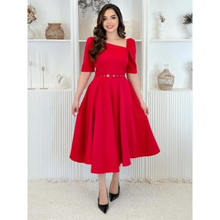 Vestido Midi Social Elegante Decote Quadrado Assimétrico de Festa Convidada Vermelho