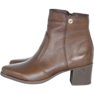 Bota Feminina Bico Fino Cano Curto Couro Salto em Bloco Baixo Camel Spinelli