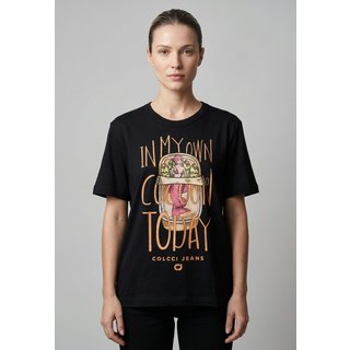 Camiseta Feminina Colcci Jeans Estampada Preta